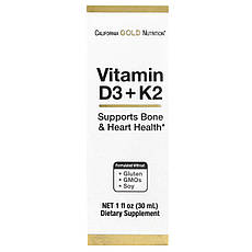 California Gold Nutrition, вітаміни D3 и K2, 25 мкг (1000 МЕ), 30 мл (1 рідкий. унція), Київ