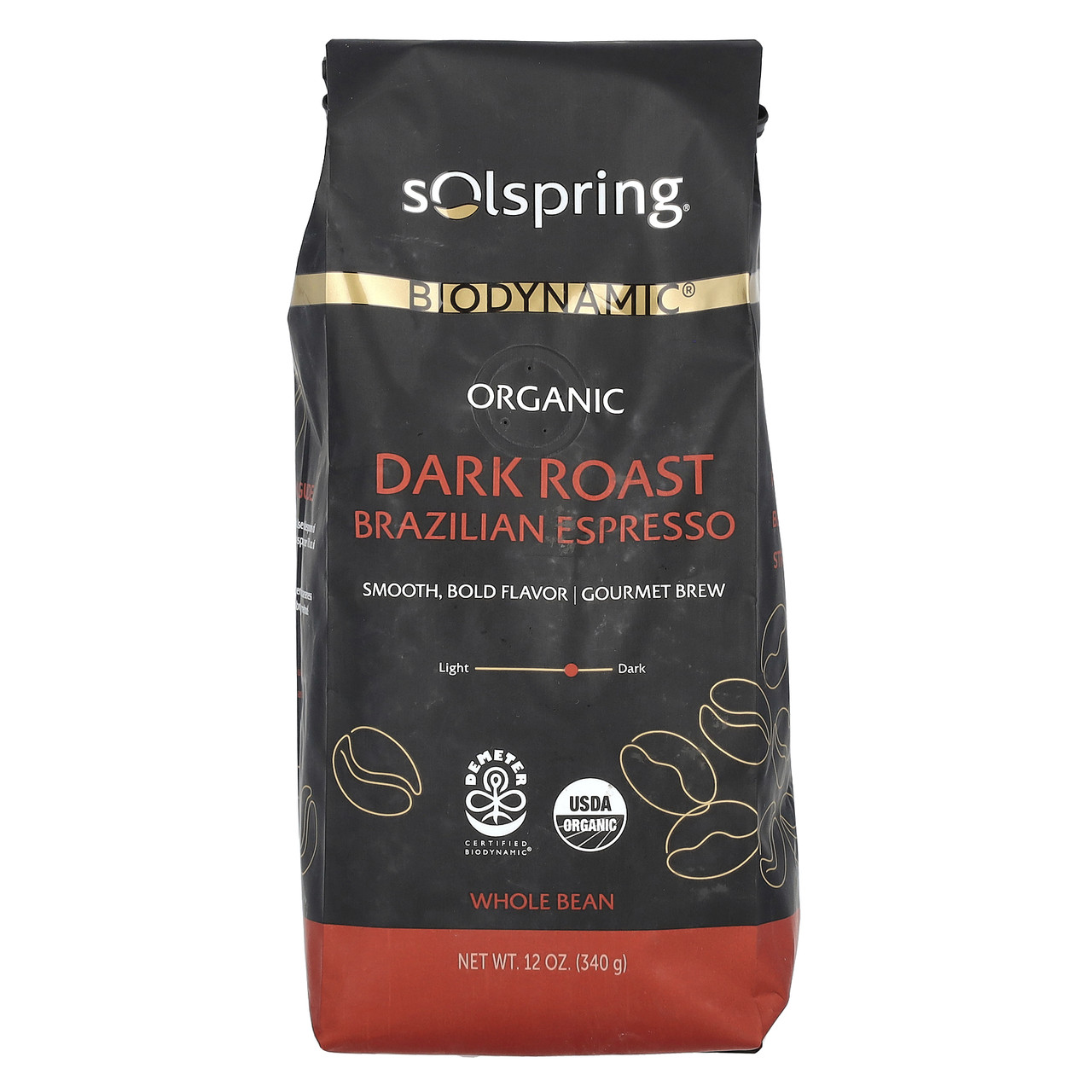 Dr. Mercola, Solspring, Biodynamic, органічне бразильське еспресо, цільні боби, темне обсмажування, 340 г (12, Київ