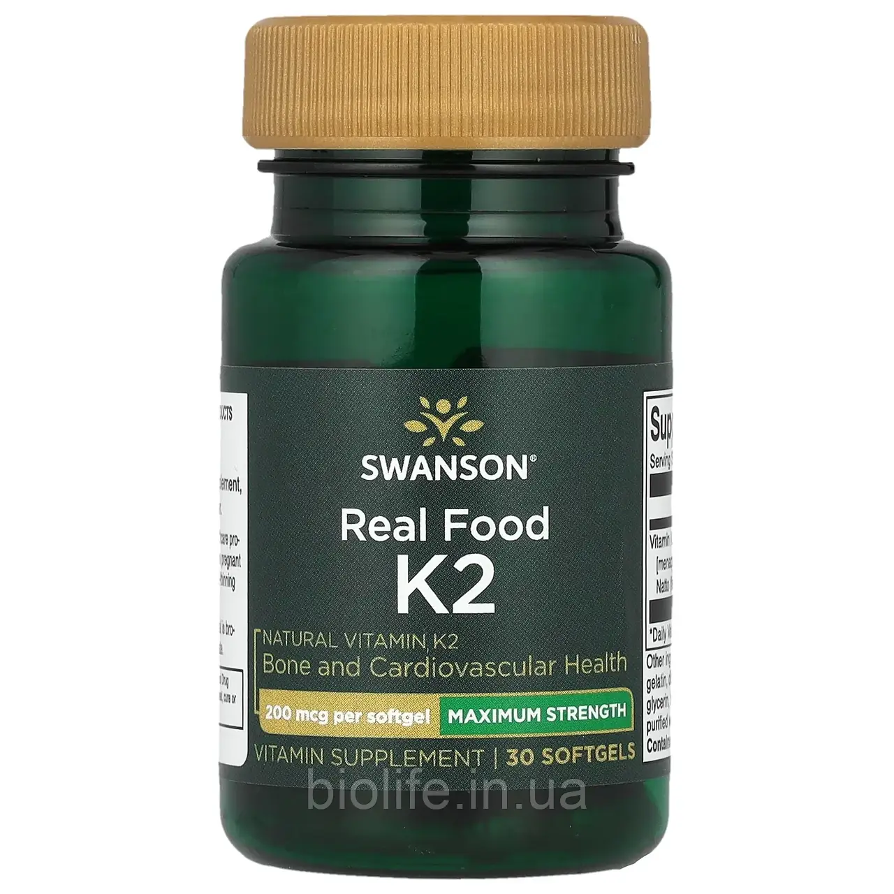 Swanson, Maximum Strength, Real Food K2, 200 мкг, 30 м'яких таблеток оригінал, фото 1