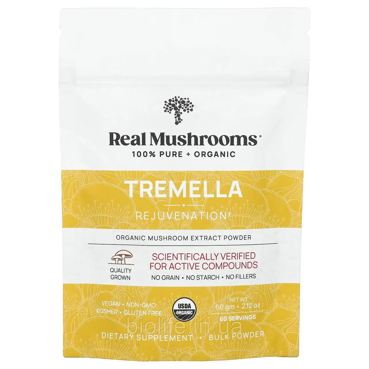 Real Mushrooms, Tremella, органічний екстракт грибів у порошку, 60 г (2,12 унції) оригінал, фото 1