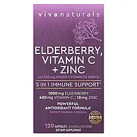 Viva Naturals, Elderberry, вітамін C і цинк, підтримка імунітету 5 в 1, 120 капсул