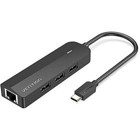 USB-хаб Vention USB-C to USB 3.0*3/RJ45/Micro-B HUB 0.15M Black ABS Type ly