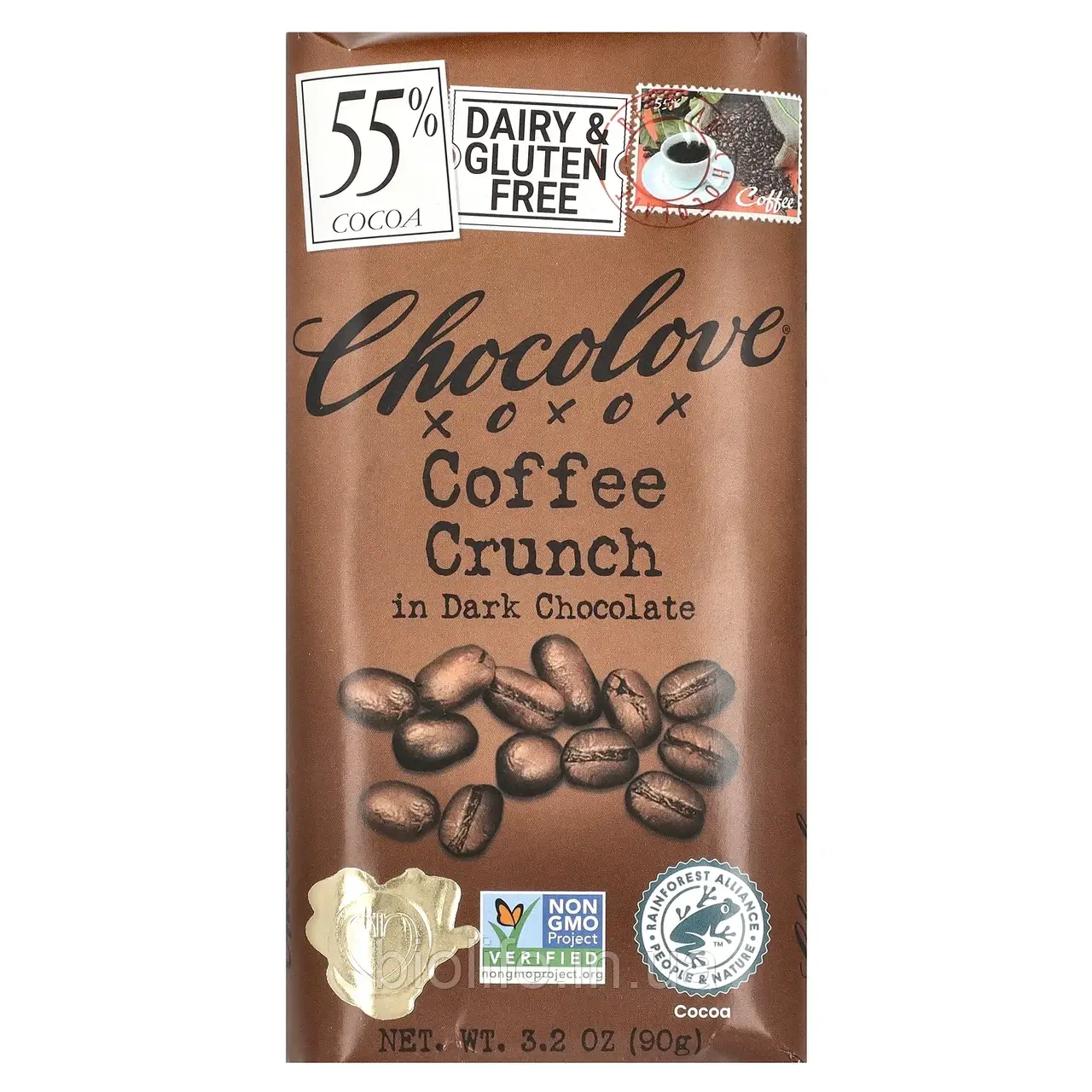 Chocolove, Кавовий кранч у темному шоколаді, 55% какао, 90 г (3,2 унції) оригінал, фото 1