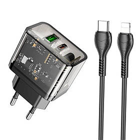 Мережевий зарядний пристрій з кабелем HOCO N34 Dazzling dual-port PD20W+QC3.0 charger set(C to iP) Transparent Black yL.