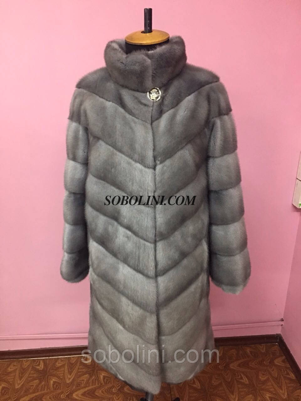 Шикарна шуба з хутра скандинавської норки, діагональний крій, комір-стійка, рукав повний, фото 1