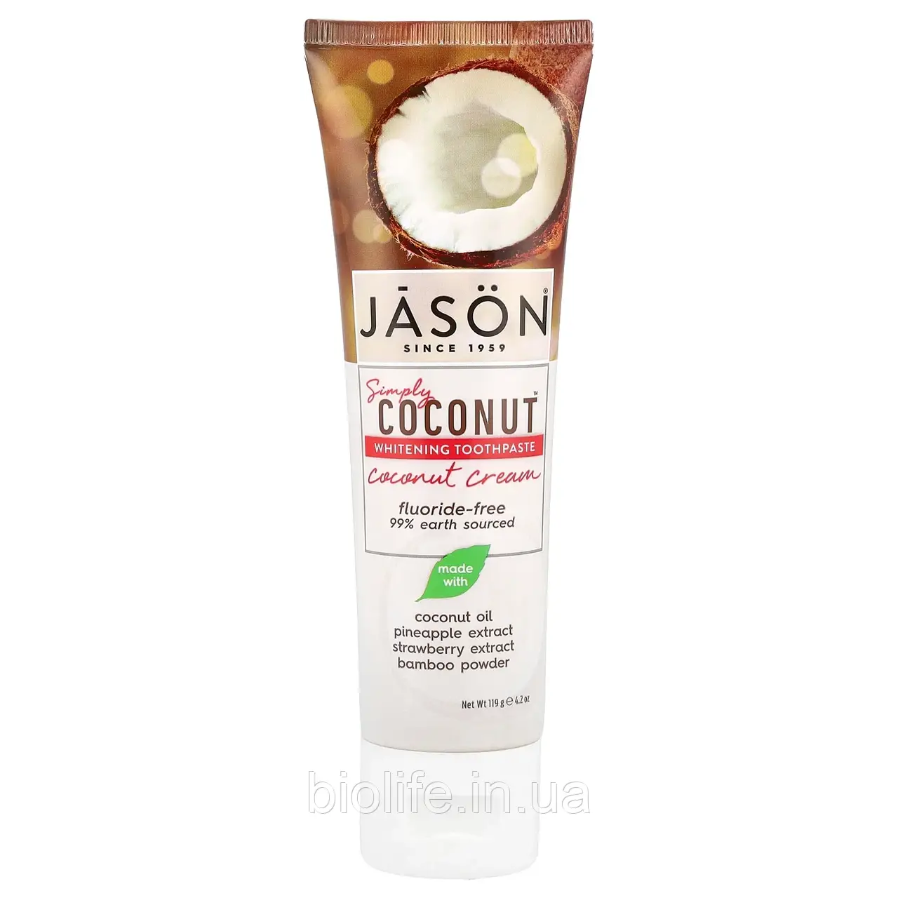 Jason Natural, Simply Coconut, вибілювальна зубна паста, кокосовий крем, 119 г (4,2 унції) оригінал, фото 1