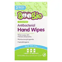Boogie Wipes, Antibacterial Hand Wipes, Alcohol Free, 3 Packs, 20 Wipes Each