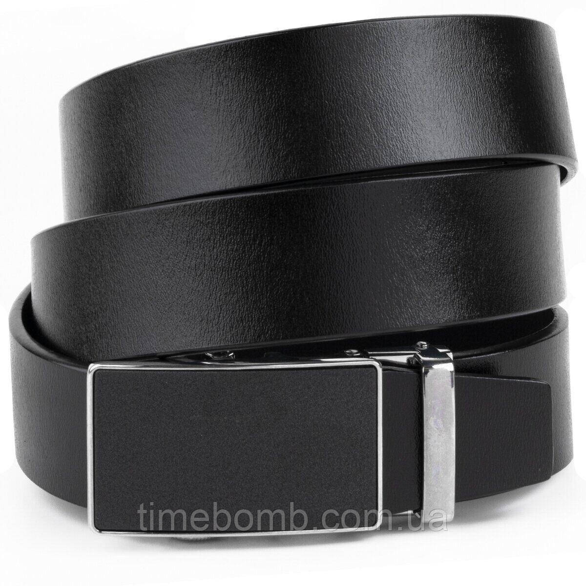 Ремінь чоловічий c сріблястою пряжкою з чорною вставкою Vintage 20328 Чорний, фото 1