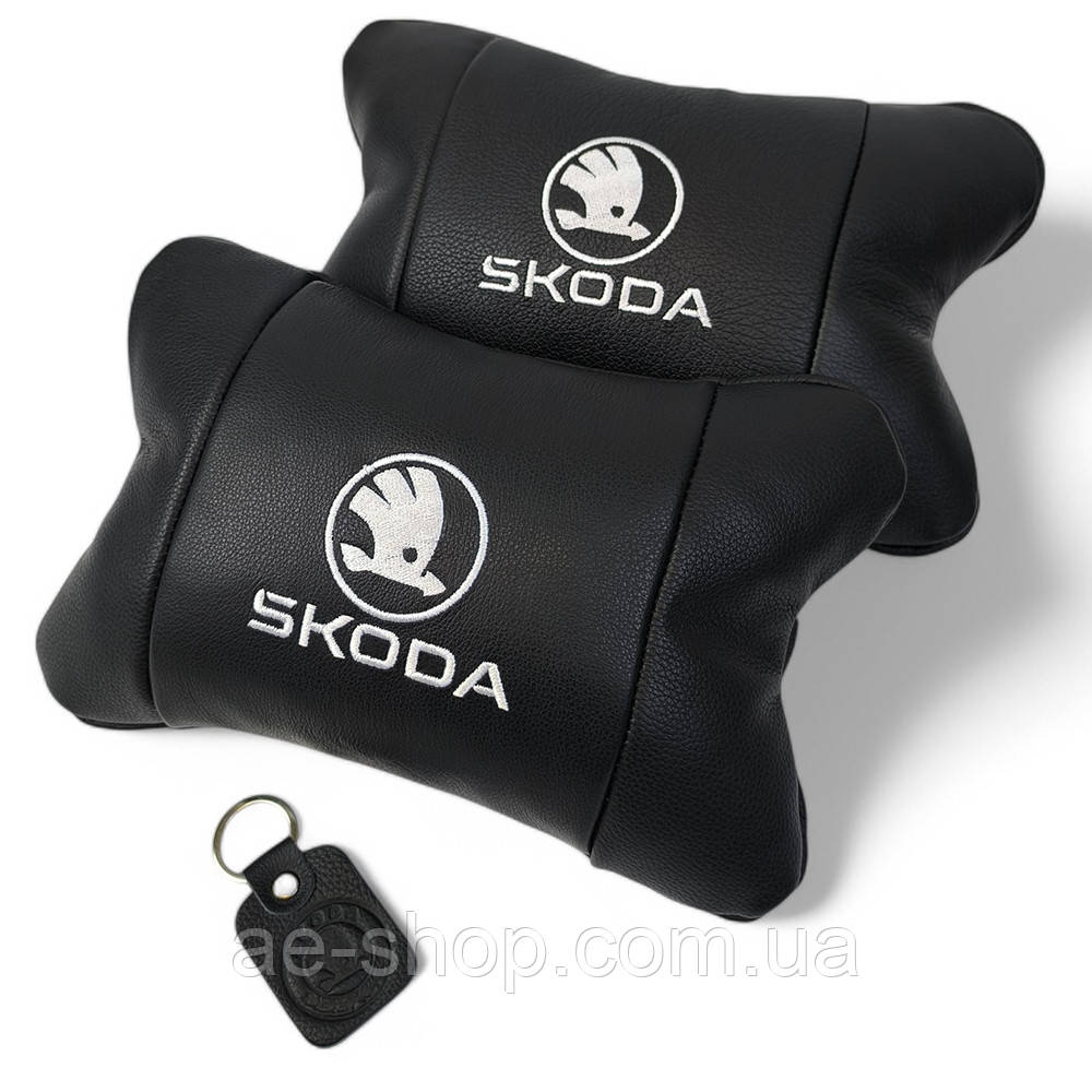 Автомобільні подушки 2 шт на підголівник Skoda / Шкода, з натуральної шкіри, стильний аксесуар для вашого авто