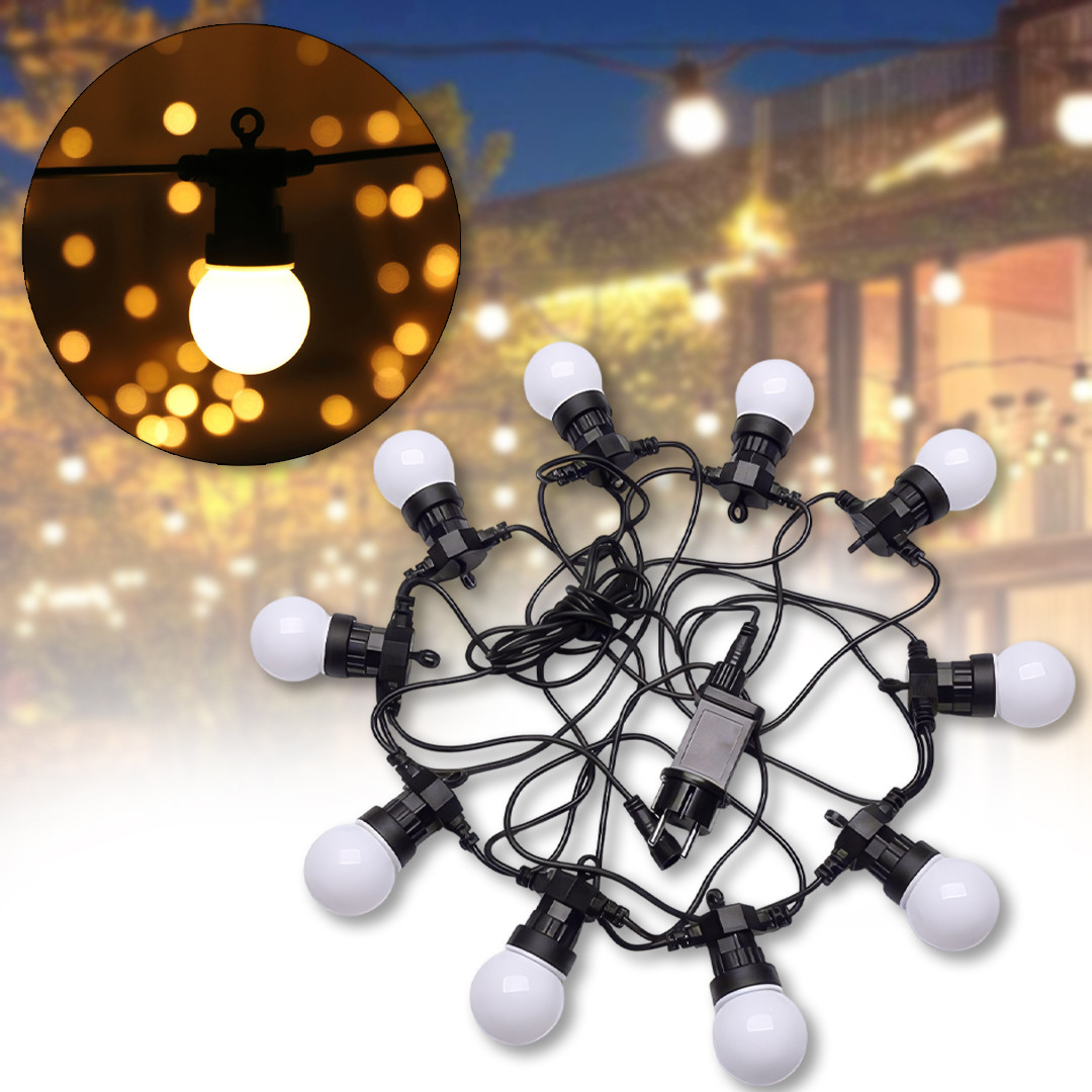 Вулична гірлянда 5 м у стилі Ретро на чорному дроті з 10 LED лампами та теплим білим свіченням, фото 1
