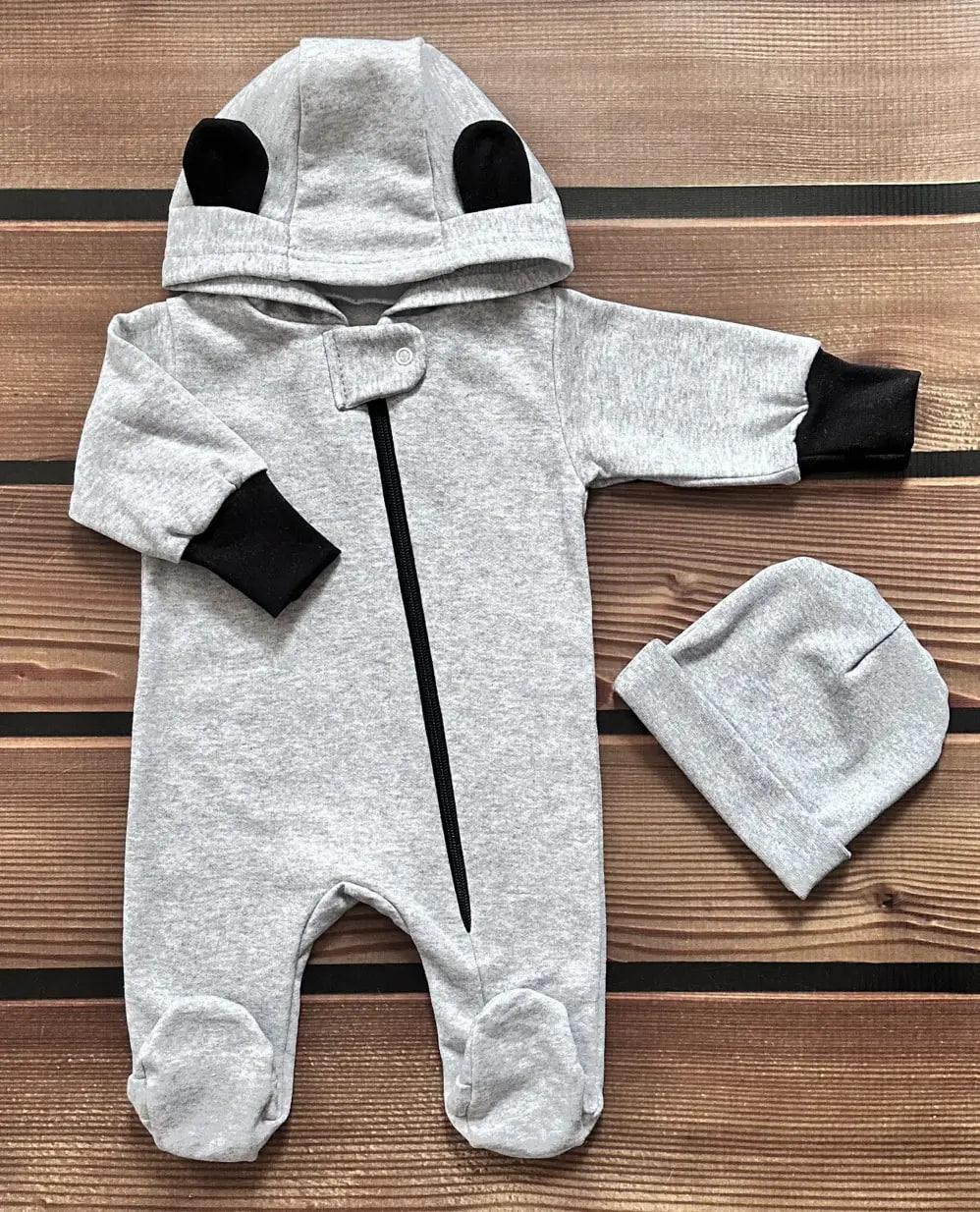 Дитячий комбінезон - ромпер для новонароджених на блискавці з шапочкою зріст 56 - 62 см BST Сірий, фото 1