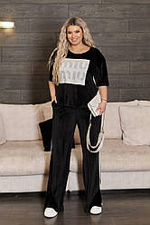 Жіночий велюровий спортивний костюм зі стразами велюр штани палаццо і футболка з лампасами батал