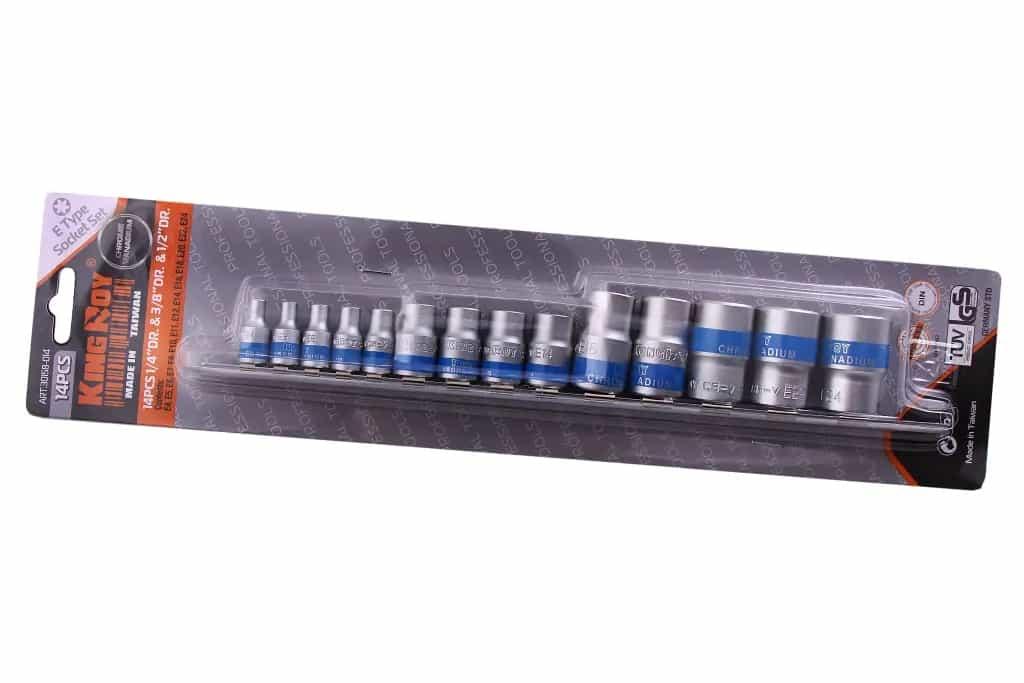 Набор головок 1/2", 1/4", 3/8" Torx 14 ед. "King Roy" E4-E24 на планке