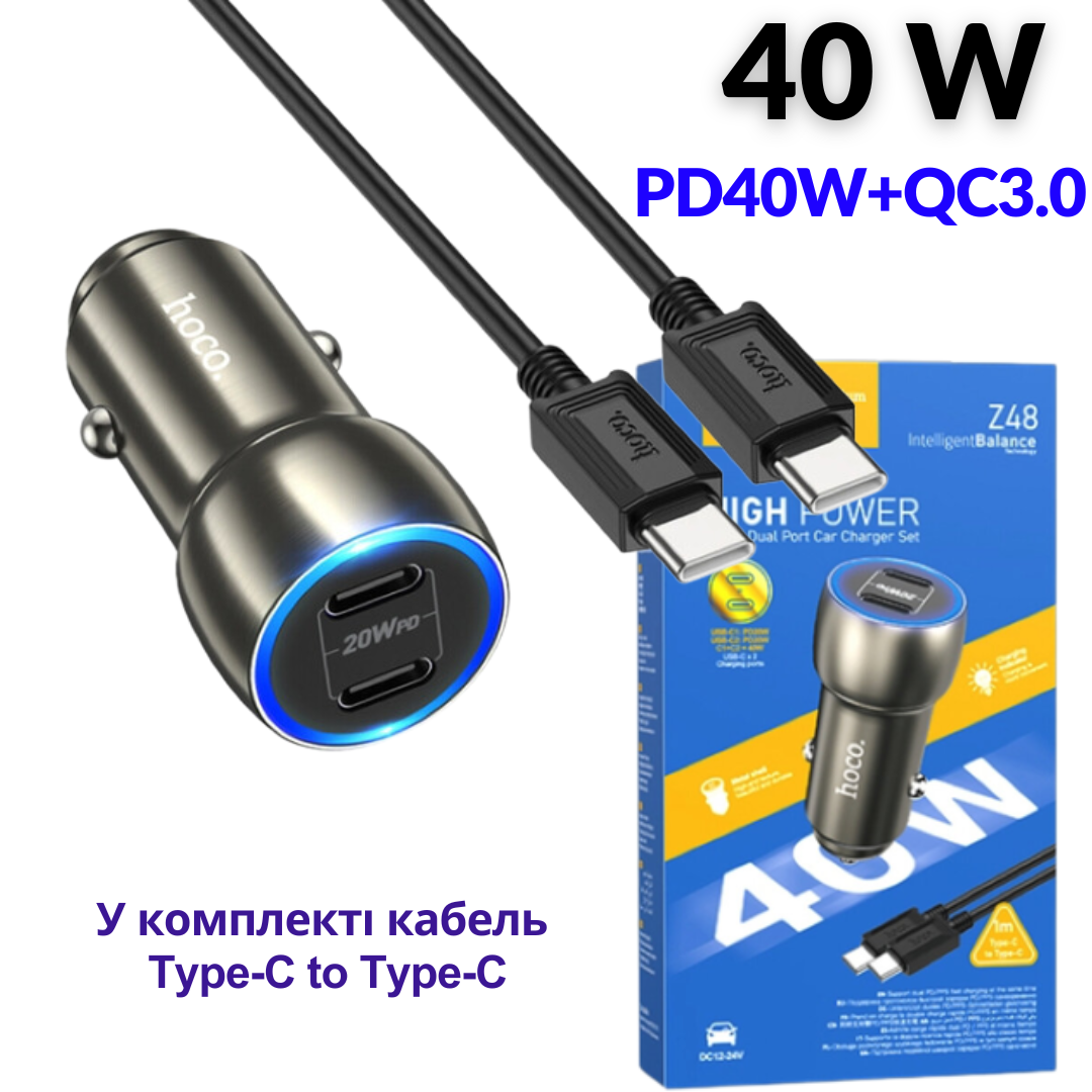 Автомобільна зарядка Type-C з підтримкою швидкої зарядки 40W для телефонів і планшетів Hoco