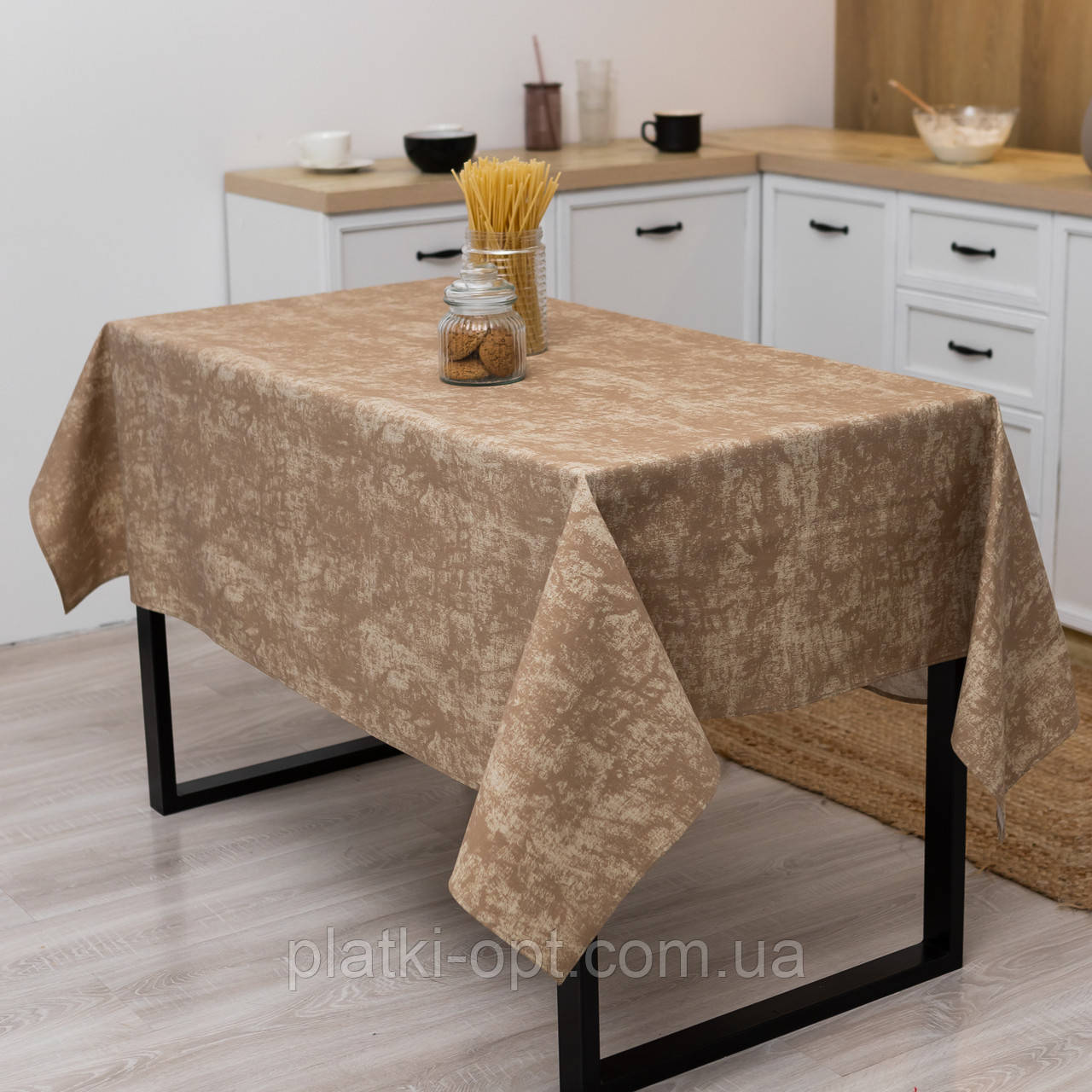 Скатертина з тефлоновим покриттям "Мармур пісочний" 1.2м х 1.5м + 4 серветки, фото 1