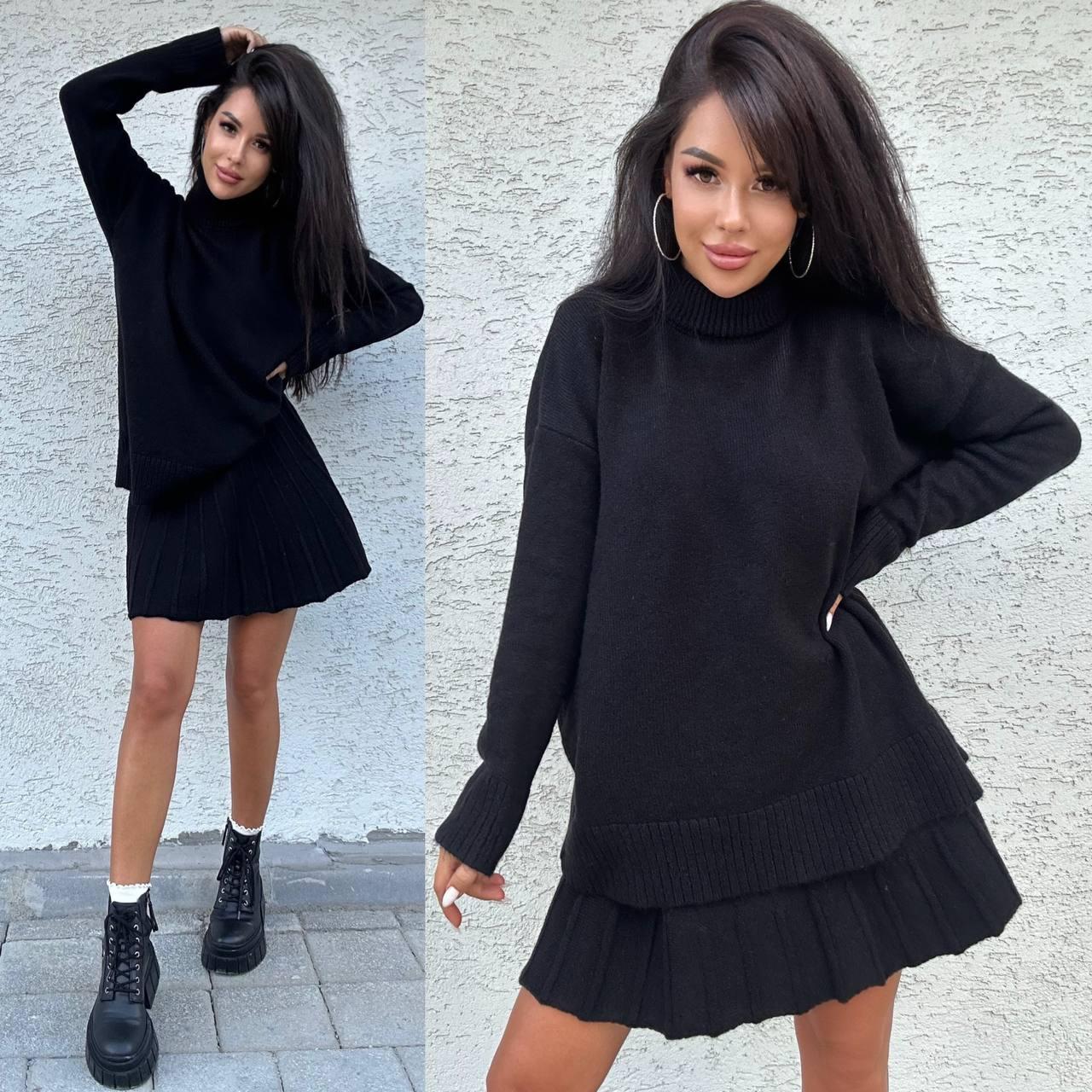 Теплий костюм в'язаний коротка спідниця плісе та светр з коміром-стійкою (р. 42-46) 9103784, фото 1