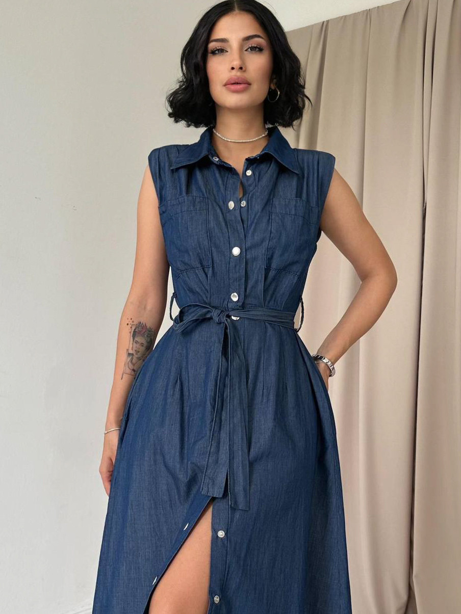 Джинсова сукня сорочка жіноча довжина міді а силуету темно синя, фото 1