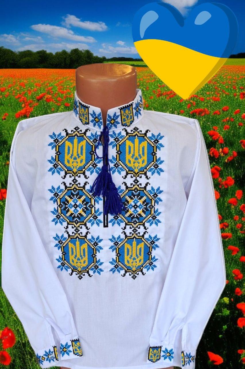 Вишиванка довгий рукав для хлопчиків з блакитною вишивкою Герб р. 152-170