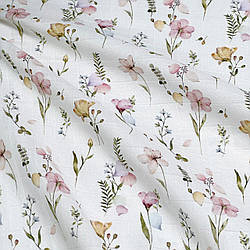 Муслін у квадратики з цифровим друком digital "Квітковий гербарій з оливковим листям"