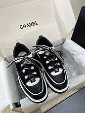 Жіночі шкіряні чорні кросівки Chanel з білими вставками кеди Шанель, фото 5