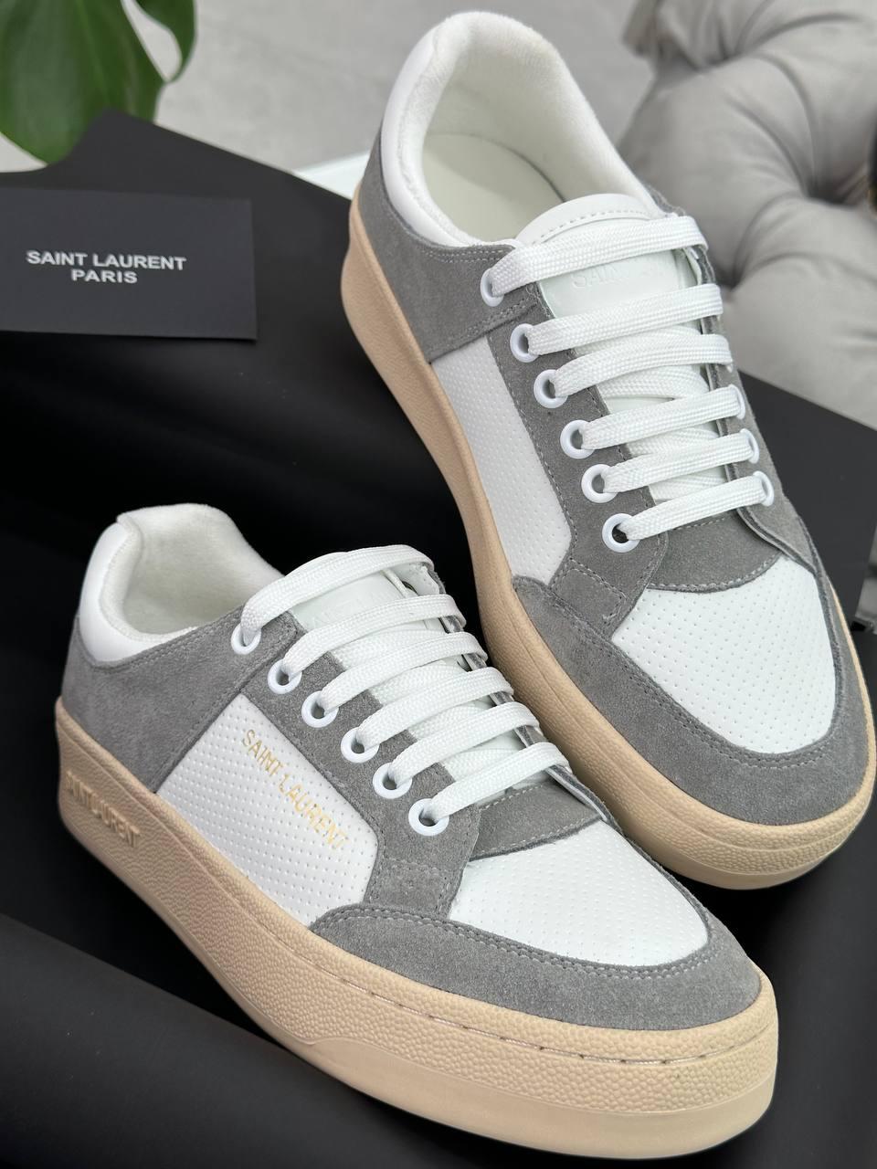 Жіночі білі сірі шкіряні кросівки YSL замшеві сірі кеди Saint Laurent Court Classic SL/61