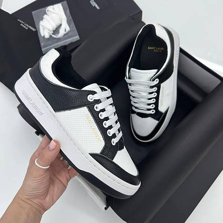Жіночі білі шкіряні кросівки YSL чорні кеди Saint Laurent Court Classic SL/61, фото 1