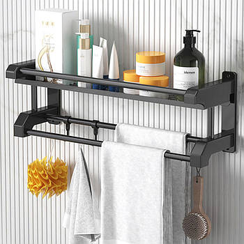 Настінна полиця у ванну 40х16х15см + 5 гачків, SKLM-9 / Металева поличка для ванної / Полиця для ванної