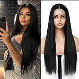 Перука густе пряме довге чорне волосся 80 см імітація шкіри голови, фото 4