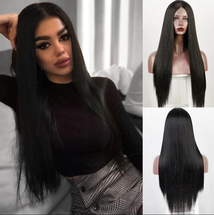 Перука густе пряме довге чорне волосся 80 см імітація шкіри голови, фото 1