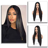 Перука густе пряме довге чорне волосся 80 см імітація шкіри голови, фото 2