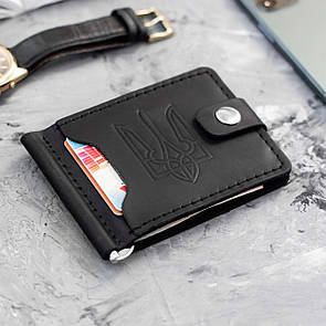 Затискач для грошей і карток на кнопці з тиснення герб України Veres Black з натуральної шкіри в чорному кольорі