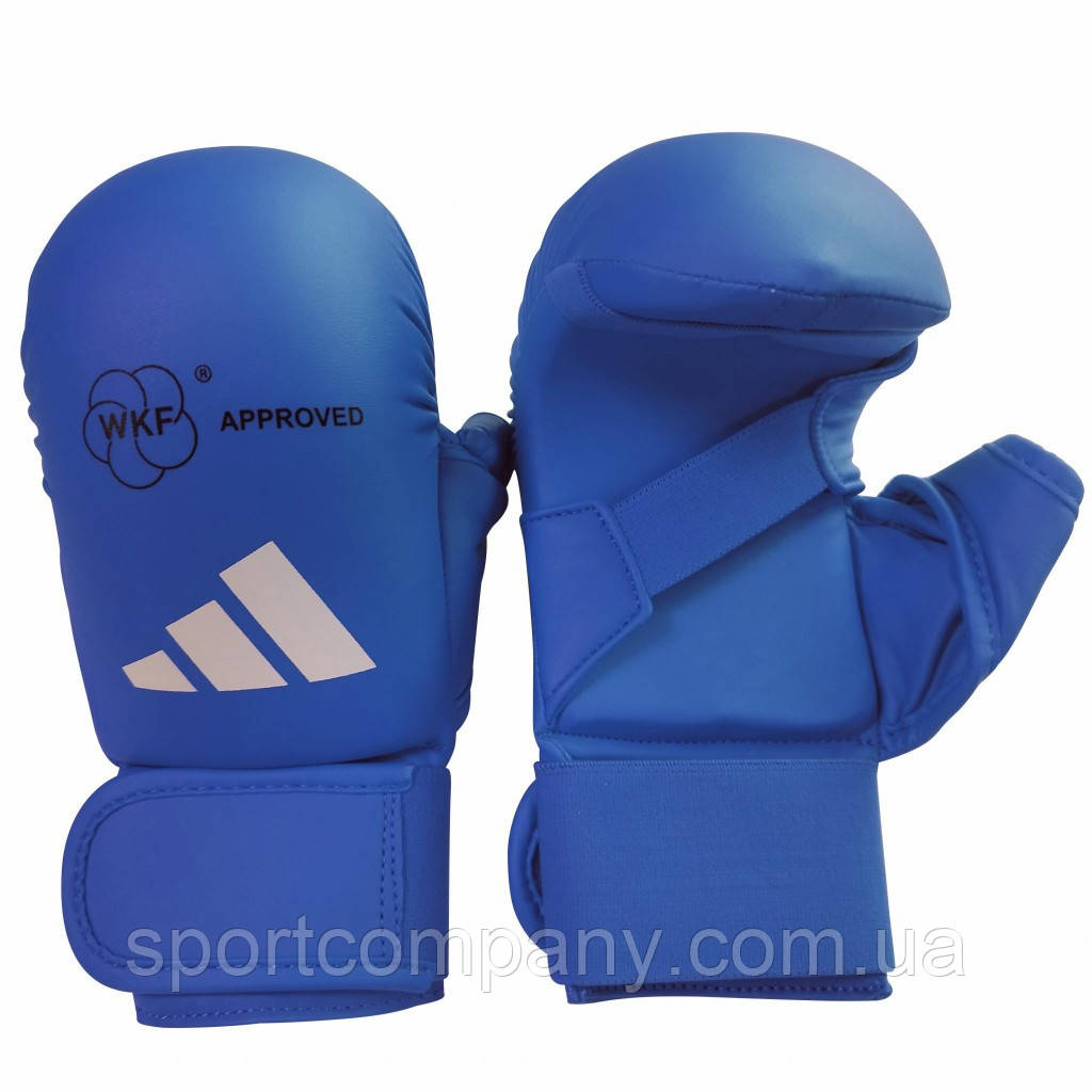 Рукавички для карате Adidas накладки WKF сині із захистом великого пальця спеціальний японський ПУ шкірозамінник
