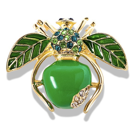 Брошка на золотистій основі жук яблуко з різнобарвними стразами покрита кольоровою емаллю розмір 30х40 мм