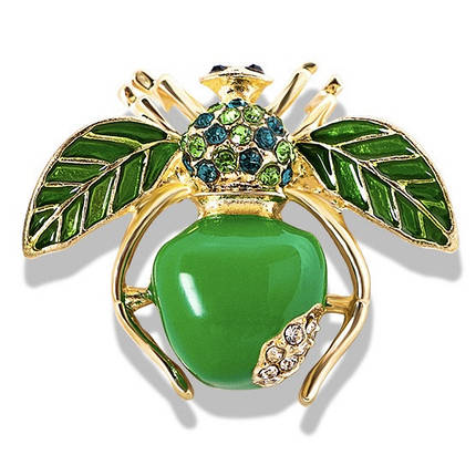 Брошка на золотистій основі жук яблуко з різнобарвними стразами покрита кольоровою емаллю розмір 30х40 мм, фото 1