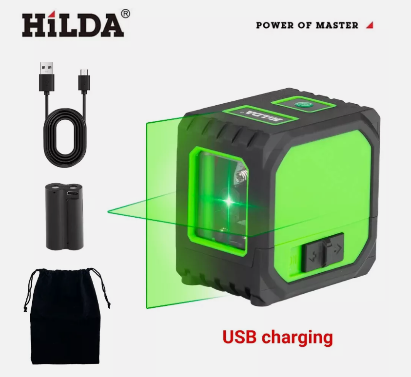 Лазерний рівень HILDA green (1H+1V), робота від акумулятора, 2 зелені лінії, фото 1
