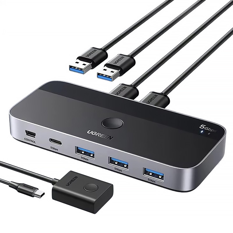Перемикач кабелів пристроїв між двома комп'ютерами 2 In 4 Out UGREEN USB3.0 5Gbps Sharing Switch (сірий)