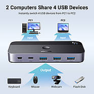 Перемикач кабелів пристроїв між двома комп'ютерами 2 In 4 Out UGREEN USB3.0 5Gbps Sharing Switch (сірий), фото 5