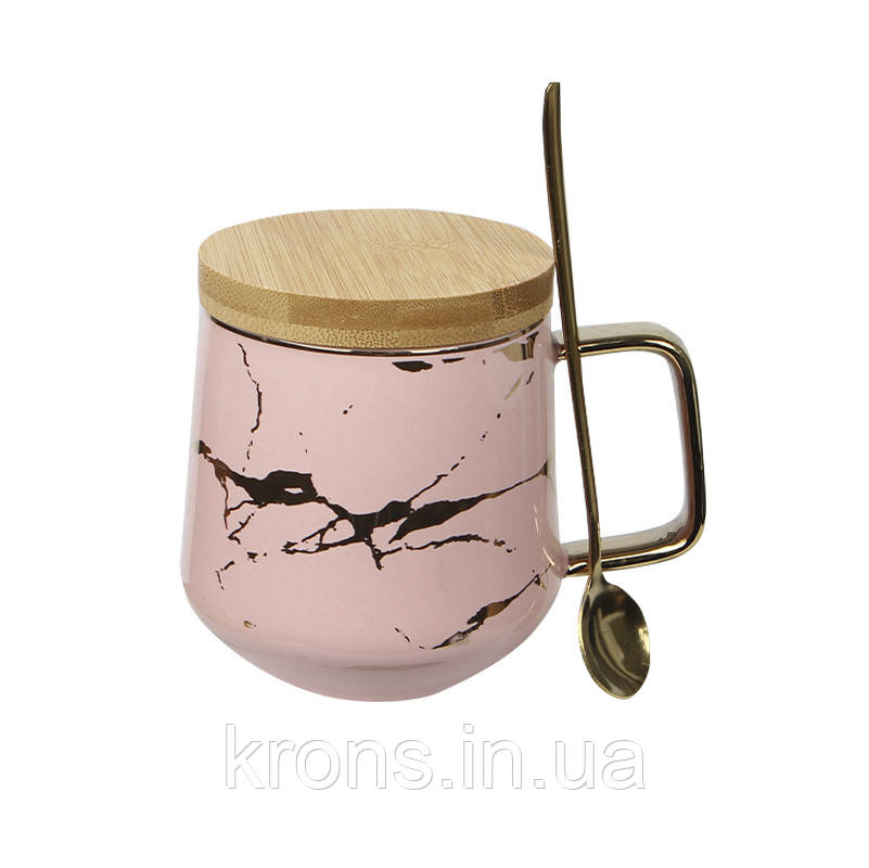 Чайная чашка A2024 з бамбуковою кришкою та ложкою золотой мрамор Pink, фото 1
