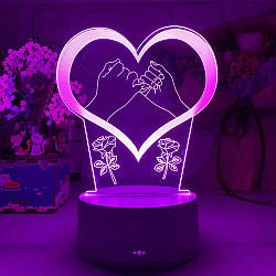 LED нічник на батарейках і USB / 3д світильник у формі серця / Світильник нічник з ефектом 3D