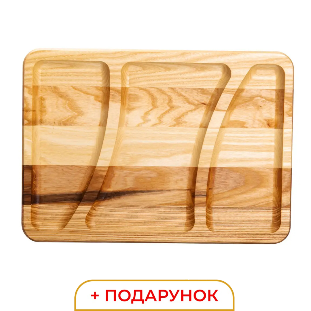 Менажниця 3 секції дерев'яна 35×25 см прямокутна дошка для подачі закусок та м'яса Wood Lugi, фото 1