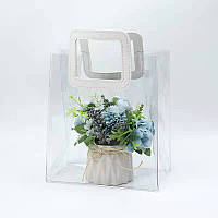 Сумка прозора для квітів і подарунків із білою ручкою 15х17х8.5 см