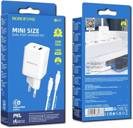 Зарядне Устройство Borofone BN7 PD20W+QC3.0 Type-C To Lightning (33157-01_231), фото 1