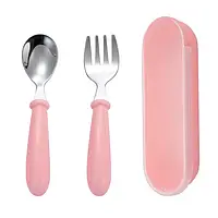 Набір столових приладів ложка та вилка в контейнері дорожній для найменших для дівчинки рожевий