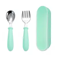 Набір столових приладів ложка та вилка в контейнері дорожній для найменших для хлопчика бірюзовий