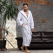 Теплий турецький домашній чоловічий халат з капюшоном від виробника білий, Халати для лазні чоловічі, фото 4