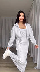 Жіночий комплект-двійка: сукня на тонких бретельках і кофта з капюшоном меланжево-сірого відтінку з двонитки