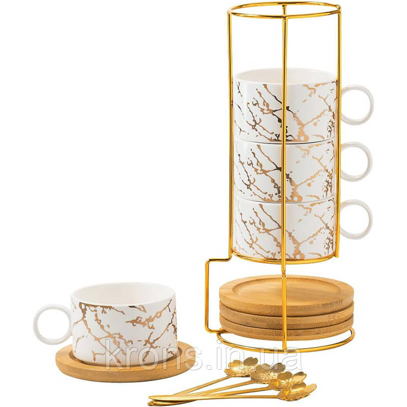 Набір чашок Мармурова розкіш 4 шт. з бамбуковим блюдцем підставкою ложкою для чаю кави White, фото 1
