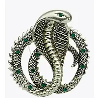 Брошка кобра змія Fashion Jewerly із зеленими камінцями жіноча срібляста