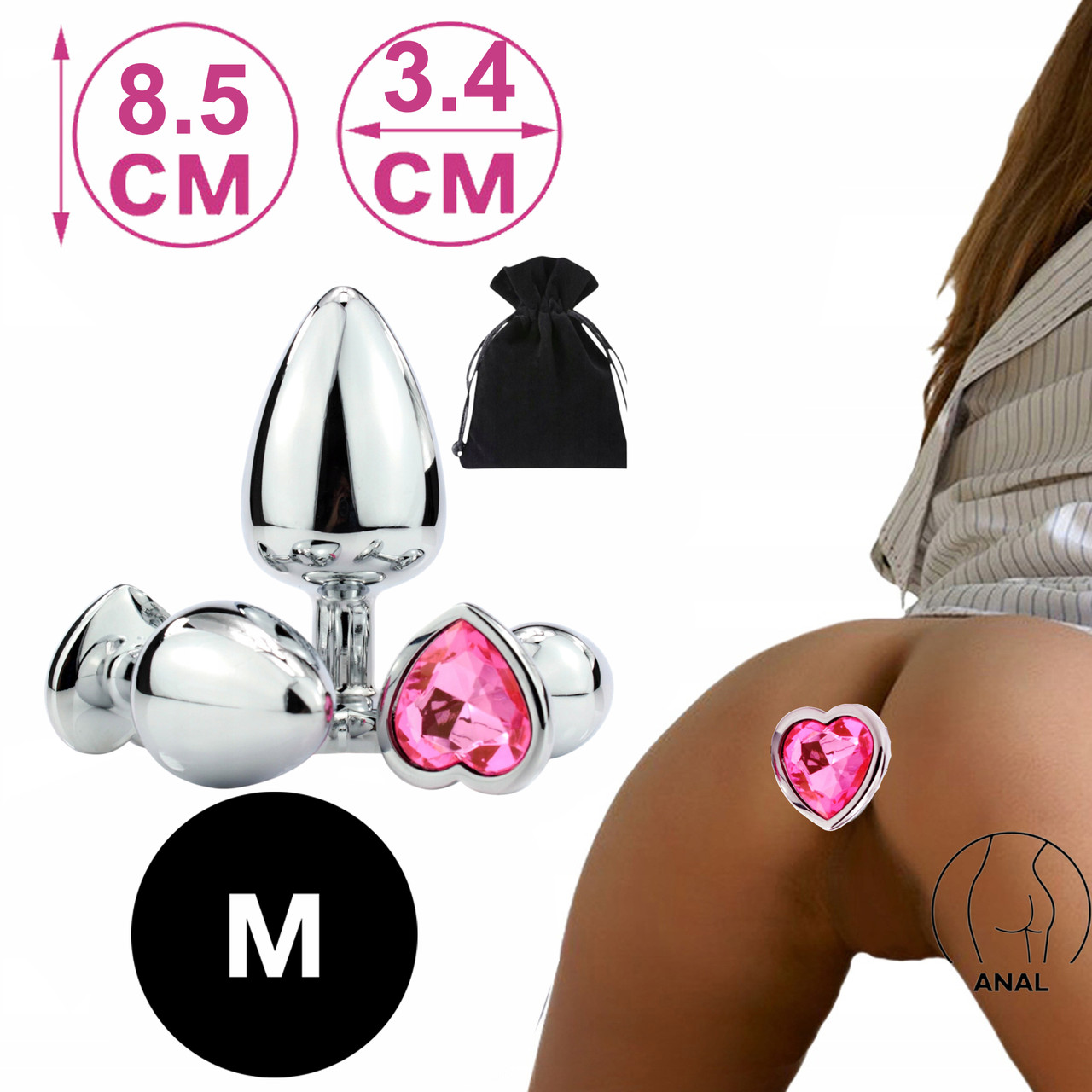 Анальна пробка серце металева з каменем різні кольори Metal Anal Plug Heart Розмір M