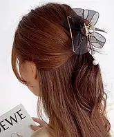 Шпилька крабик для волосся з шифоновим бантиком чорний святковий Fashion Jewerly
